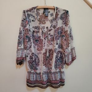 Bisou Bisou Womens Blouse XL Floral Sheer Boho Oversized XS